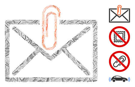 Linear mosaic mail attachement icon united from narrow elements in random sizes and color hues. Linear elements are organized into abstract vector collage mail attachement icon.のイラスト素材