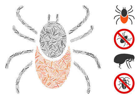 Linear collage mite tick icon organized from thin items in random sizes and color hues. Lines items are composed into abstract vector collage mite tick icon. Bonus pictograms are added.のイラスト素材