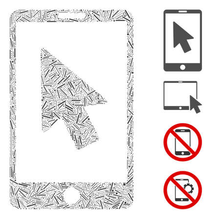 Hatch mosaic mobile arrow pointer icon constructed from straight elements in various sizes and color hues. Irregular hatch elements are arranged into abstract vector collage mobile arrow pointer icon.のイラスト素材