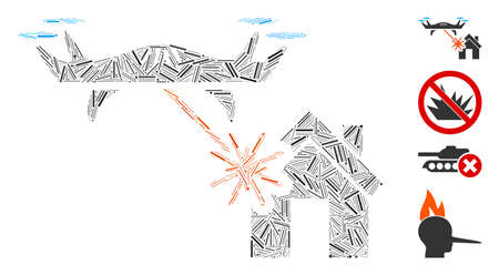 Line mosaic laser drone attacks house icon united from narrow items in different sizes and color hues. Lines items are united into abstract vector collage laser drone attacks house icon.のイラスト素材