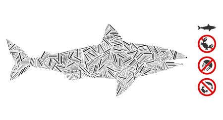 Hatch mosaic shark icon united from thin items in variable sizes and color hues. Line elements are united into abstract vector mosaic shark icon. Bonus pictograms are placed.のイラスト素材