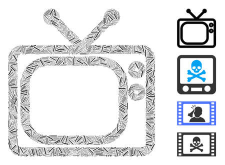 Line mosaic tv icon organized from thin elements in various sizes and color hues. Line elements are united into abstract vector illustration tv icon. Bonus icons are added.のイラスト素材