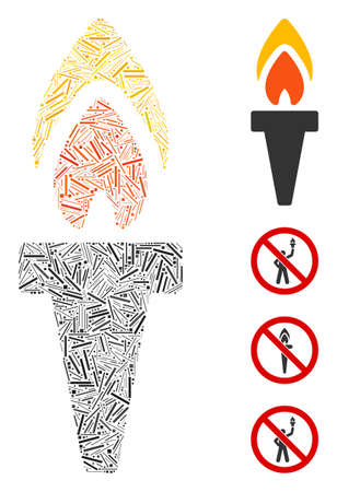 Linear mosaic torch icon designed from narrow elements in various sizes and color hues. Linear elements are arranged into abstract vector illustration torch icon. Bonus pictograms are added.のイラスト素材