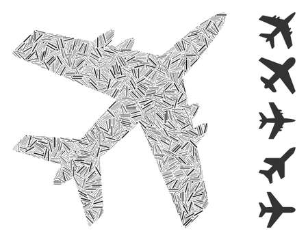 Hatch Mosaic based on aircraft icon. Mosaic vector aircraft is formed with random hatch elements. Bonus icons are added.のイラスト素材