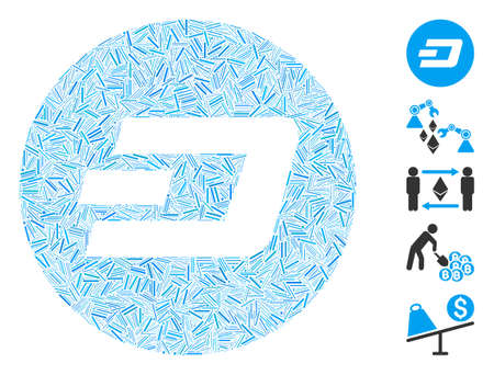 Hatch Mosaic based on Dash coin icon. Mosaic vector Dash coin is composed with randomized hatch spots. Bonus icons are added.のイラスト素材
