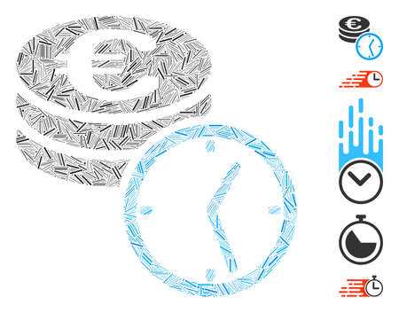 Dash Mosaic based on Euro coins and time icon. Mosaic vector Euro coins and time is composed with random dash dots. Bonus icons are added.のイラスト素材