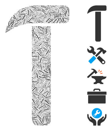 Hatch Mosaic based on hammer icon. Mosaic vector hammer is created with scattered hatch spots. Bonus icons are added.のイラスト素材