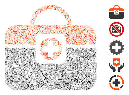 Hatch Mosaic based on medic case icon. Mosaic vector medic case is formed with random hatch elements. Bonus icons are added.のイラスト素材