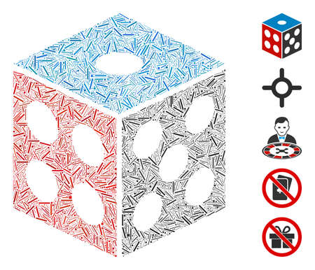 Line Mosaic based on dice icon. Mosaic vector dice is formed with randomized line elements. Bonus icons are added.のイラスト素材