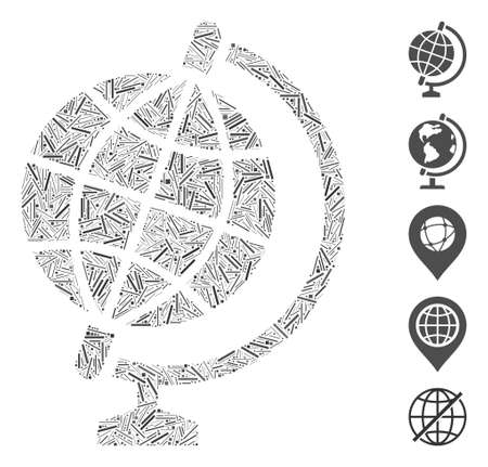 Hatch Collage based on globe icon. Mosaic vector globe is formed with randomized hatch elements. Bonus icons are added.のイラスト素材