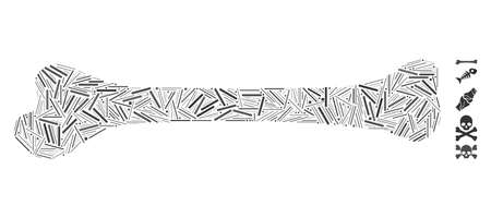 Dash Collage based on bone icon. Mosaic vector bone is composed with randomized dash elements. Bonus icons are added.のイラスト素材