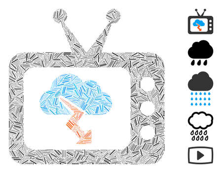 Line Mosaic based on storm TV forecast icon. Mosaic vector storm TV forecast is composed with scattered line items. Bonus icons are added.のイラスト素材