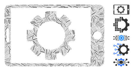 Dash Mosaic based on mobile settings gear icon. Mosaic vector mobile settings gear is designed with randomized dash items. Bonus icons are added.のイラスト素材