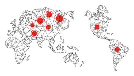 Polygonal mesh worldwide map with coronavirus centers. Abstract network lines, triangles and covid- 2019 viruses form worldwide map. Vector wireframe 2D triangular network in black and red colors.のイラスト素材