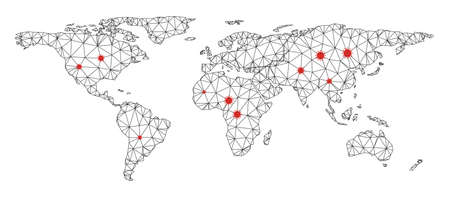 Polygonal mesh everywhere map with coronavirus centers. Abstract network lines, triangles and covid...