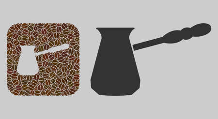 Mosaic coffee cezve of coffee beans and basic icon. Hole mosaic coffee cezve is designed with coffee beans. Abstract vector design elements for cafeteria posters.のイラスト素材