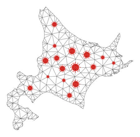 Polygonal mesh Hokkaido Island map with coronavirus centers. Abstract network lines, triangles and covid viruses form Hokkaido Island map.のイラスト素材