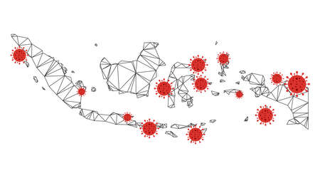 Polygonal mesh Indonesia map with coronavirus centers. Abstract mesh connected lines and flu viruses form Indonesia map. Vector wireframe flat polygonal network in black and red colors.のイラスト素材
