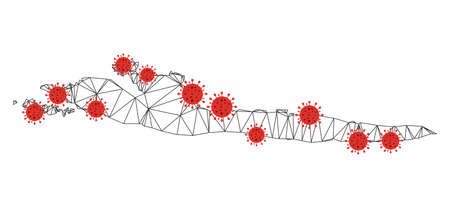 Polygonal mesh Hvar Island map with coronavirus centers. Abstract mesh connected lines and covid viruses form Hvar Island map. Vector wireframe 2D triangular network in black and red colors.のイラスト素材