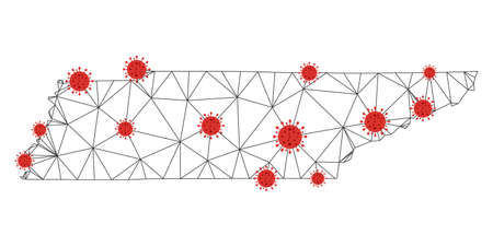Polygonal mesh Tennessee State map with coronavirus centers. Abstract mesh connected lines and covid- 2019 viruses form Tennessee State map.のイラスト素材