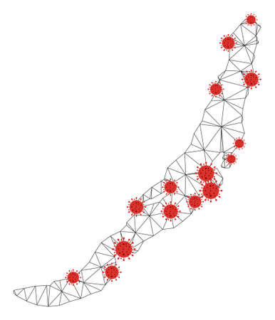 Polygonal mesh Baikal Lake map with coronavirus centers. Abstract network connected lines and covid- 2019 viruses form Baikal Lake map.のイラスト素材