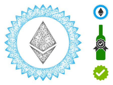Mesh Ethereum stamp seal polygonal web 2d vector illustration. Carcass model is based on Ethereum stamp seal flat icon. Triangular mesh forms abstract Ethereum stamp seal flat carcass.のイラスト素材