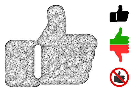 Mesh thumb up polygonal web 2d vector illustration. Carcass model is based on thumb up flat icon. Triangular net forms abstract thumb up flat carcass.のイラスト素材