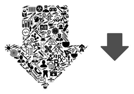 Mosaic arrow down with health care items and basic icon. Mosaic vector arrow down is created with healthcare items. Flat design elements for doctor projects.のイラスト素材