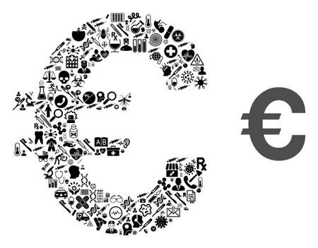 Mosaic Euro symbol from medical items and basic icon. Mosaic vector Euro symbol is composed from health items. Flat design elements for pharmacy applications.のイラスト素材