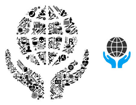 Mosaic global hands from health items and basic icon. Mosaic vector global hands is formed from medic items. Abstract illustrations elements for pharmacy purposes.のイラスト素材