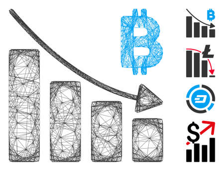 Vector net Bitcoin recession bar chart. Geometric hatched frame 2D net made from Bitcoin recession bar chart icon, designed from crossed lines. Some bonus icons are added.のイラスト素材