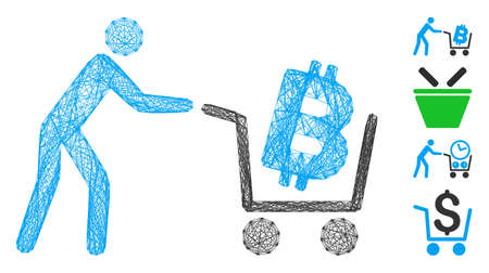 Vector wire frame Bitcoin shopping cart. Geometric wire frame flat net made from Bitcoin shopping cart icon, designed from crossed lines. Some bonus icons are added.のイラスト素材