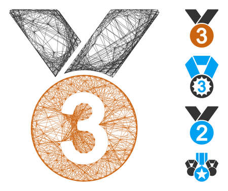 Vector net bronze medal. Geometric linear frame 2D net made from bronze medal icon, designed from crossed lines. Some bonus icons are added.のイラスト素材