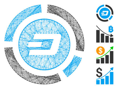 Vector network Dash pie chart. Geometric hatched carcass flat network made from Dash pie chart icon, designed from intersected lines. Some bonus icons are added.のイラスト素材