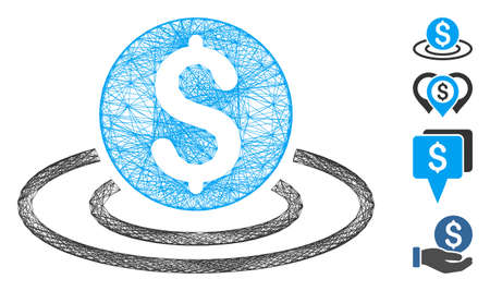 Vector net dollar coin area. Geometric hatched frame 2D net made from dollar coin area icon, designed from crossing lines. Some bonus icons are added.のイラスト素材
