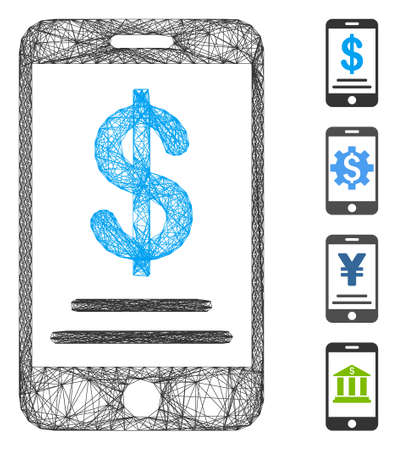 Vector network dollar mobile wallet. Geometric linear frame flat network generated with dollar mobile wallet icon, designed with crossing lines. Some bonus icons are added.のイラスト素材