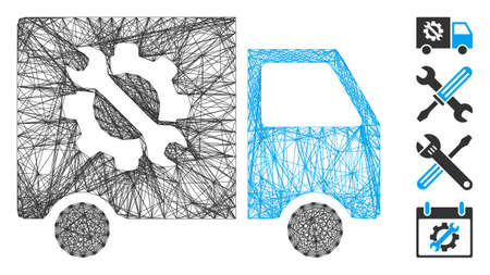 Vector net equipment truck. Geometric linear frame 2D net generated with equipment truck icon, designed from crossing lines. Some bonus icons are added.のイラスト素材