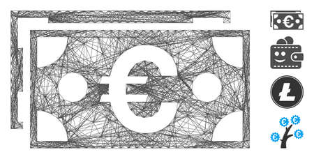 Vector network Euro banknotes. Geometric linear carcass flat network made from Euro banknotes icon, designed from crossed lines. Some bonus icons are added.のイラスト素材