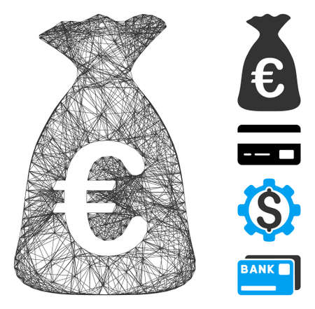 Vector wire frame Euro money bag. Geometric wire frame 2D network made from Euro money bag icon, designed from crossed lines. Some bonus icons are added.のイラスト素材