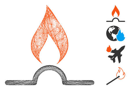 Vector wire frame gas flame. Geometric wire carcass 2D net made from gas flame icon, designed from crossed lines. Some bonus icons are added.のイラスト素材