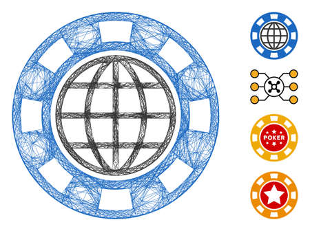 Vector net global casino chip. Geometric hatched frame 2D net made from global casino chip icon, designed from crossed lines. Some bonus icons are added.のイラスト素材
