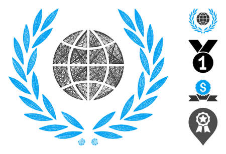 Vector net global emblem. Geometric wire frame 2D net generated with global emblem icon, designed with intersected lines. Some bonus icons are added.のイラスト素材