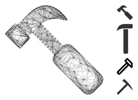 Vector wire frame hammer. Geometric wire frame 2D net generated with hammer icon, designed with crossing lines. Some bonus icons are added.のイラスト素材