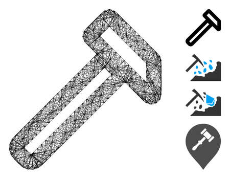 Vector wire frame hammer. Geometric hatched frame flat net made from hammer icon, designed from crossing lines. Some bonus icons are added.のイラスト素材