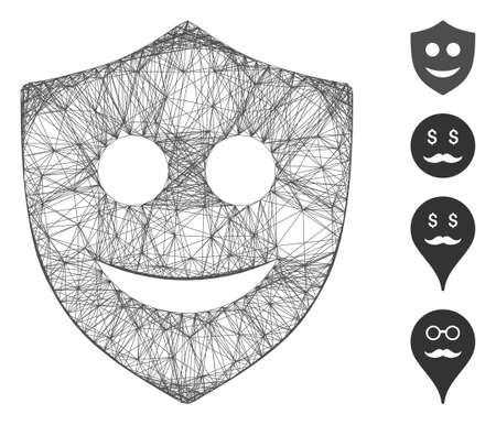 Vector network happy shield. Geometric linear carcass 2D network made from happy shield icon, designed from intersected lines. Some bonus icons are added.のイラスト素材