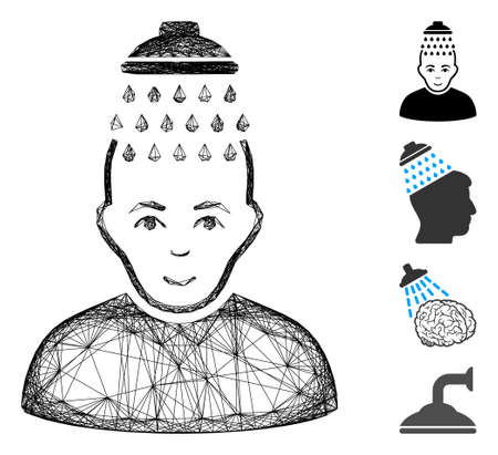 Vector wire frame head shower. Geometric wire frame 2D network based on head shower icon, designed with crossing lines. Some bonus icons are added.のイラスト素材