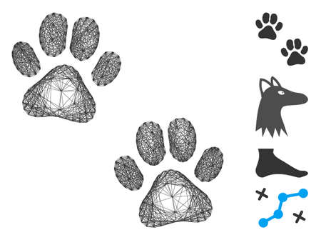Vector wire frame paw footprints. Geometric hatched frame 2D network made from paw footprints icon, designed from crossing lines. Some bonus icons are added.のイラスト素材