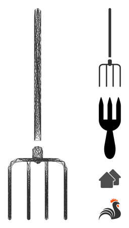 Vector wire frame pitchfork. Geometric wire frame flat network generated with pitchfork icon, designed from crossed lines. Some bonus icons are added.のイラスト素材
