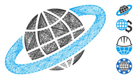 Vector wire frame planetary ring. Geometric hatched frame 2D network based on planetary ring icon, designed with crossed lines. Some bonus icons are added.のイラスト素材