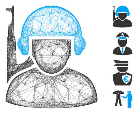 Vector wire frame soldier. Geometric wire carcass flat network made from soldier icon, designed from crossed lines. Some bonus icons are added.のイラスト素材
